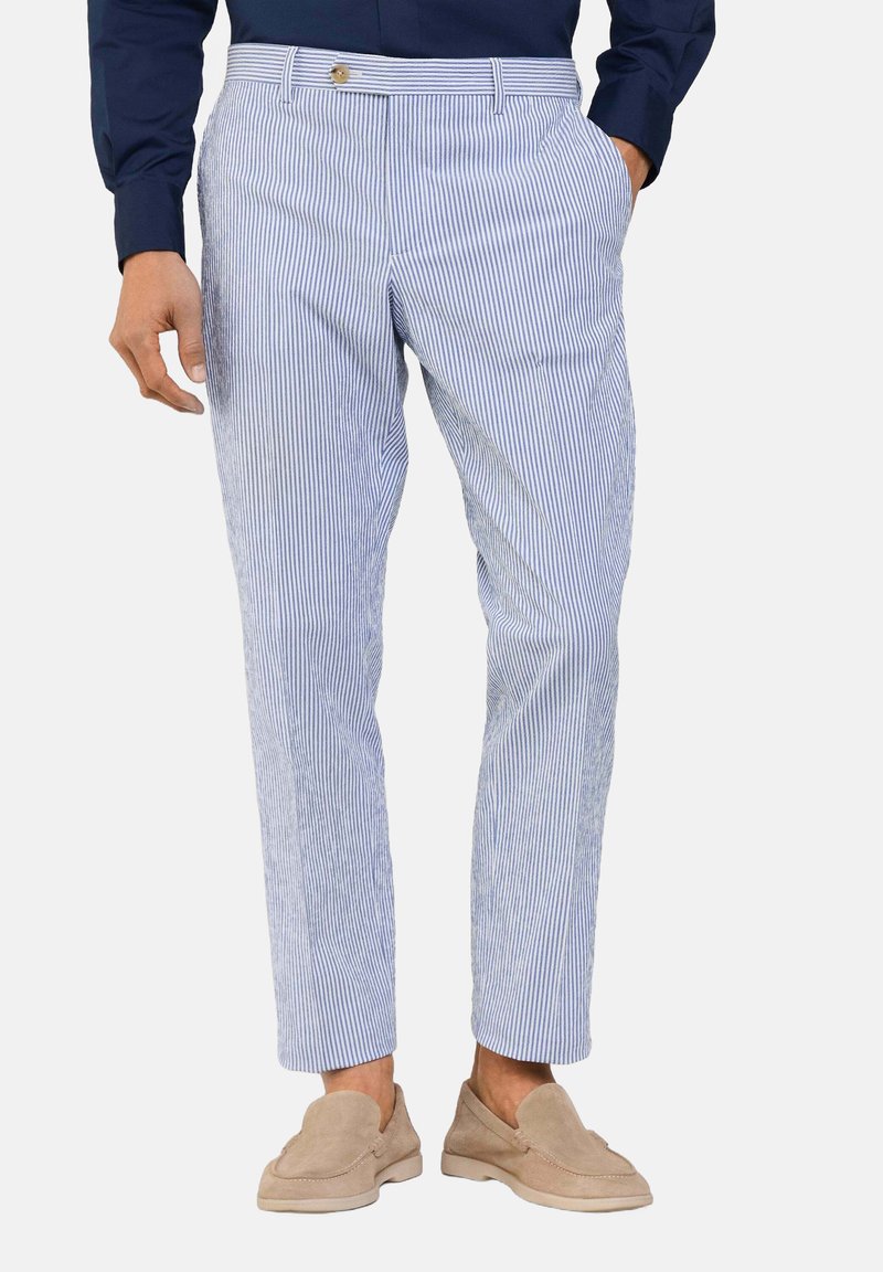 Men's striped trousers in light blue and white cotton with a slim fit, featuring belt loops, side pockets, and a button closure.
