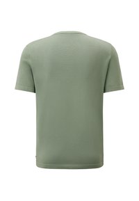 Korte mouwen t-shirt van lichtgroene gebreide stof, met een ronde hals, rechte zoom en subtiele textuur zonder zichtbare patronen of accenten.