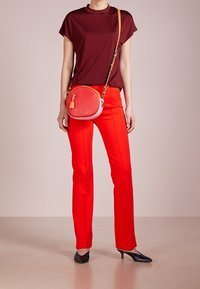 Czerwone spodnie i krótki rękaw, top w bordowe paski. Okrągła, pomarańczowa torebka na pasku przewieszanym przez ramię. Spiczaste, granatowe buty. Proste tło.