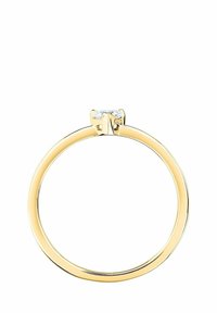 Goldring mit einem dünnen Band, das in der Mitte einen kleinen runden Diamanten hat, der in einer Vierfach-Fassung eingesetzt ist.