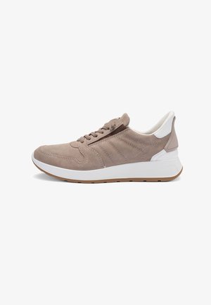 Suede sneaker in light brown with white accents, thick rubber sole, round toe, and laces; features subtle stitching and a padded collar.