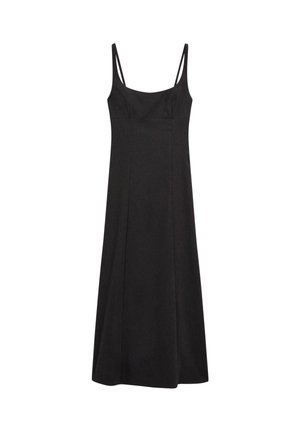 Robe midi noire sans manches avec fines bretelles, encolure carrée et jupe droite légèrement évasée.