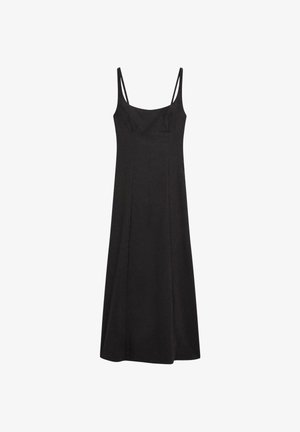 Ærmeløs sort midikjole med tynde skulderstropper, firkantet halsudskæring og lige, let udvidet nederdel.