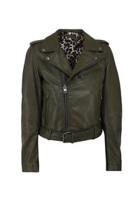 Dark green leather biker jacket with front zipper, side pockets, buckle belt, and leopard print lining visible at collar.
