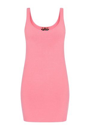 Tætsiddende pink tankkjole lavet af strækbar bomuldsstof. Har en rund halsudskæring og et enkelt, sømløst design uden udsmykninger.