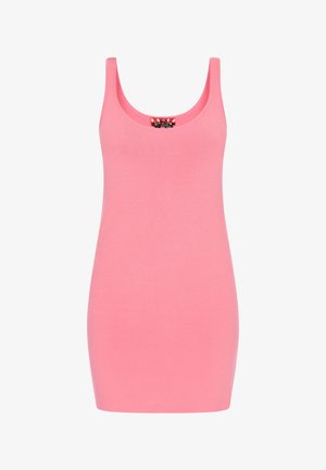 Rugalmasszív rózsaszín tankruha, elasztikus pamut anyagból készült. Kerek nyakkivágással és egyszerű, varrás nélküli dizájnnal rendelkezik, díszítések nélkül.