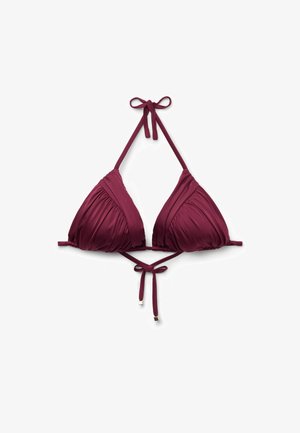 Burgunderfarbener Bikini-Oberteil mit dreieckigen Cups, geraffter Textur und verstellbaren Halterbändern. Verfügt über einen gebundenen Verschluss im Rücken mit Metallelementen.