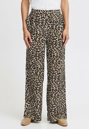 Wide-leg trousers featuring a leopard print pattern, primarily in shades of black, brown, and cream. Made of soft fabric with side pockets.