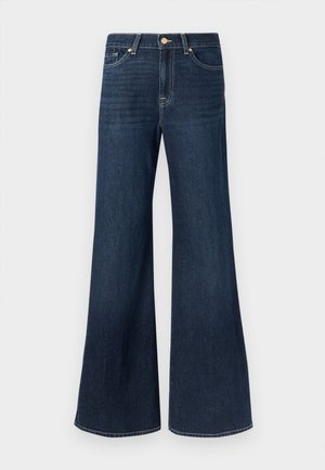 Wide-leg dark denim jeans with a high waist, featuring front pockets and gold-tone hardware. Smooth texture and even color throughout.