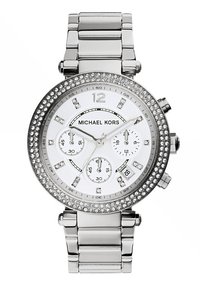 Silver stainless steel watch with a white dial, crystal-accented bezel, chronograph subdials, and bold hour markers, featuring a clasp bracelet.