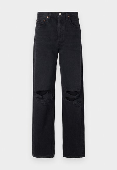 Black denim jeans with a straight-leg cut, featuring two large knee rips, classic five-pocket design, and copper-finish hardware.