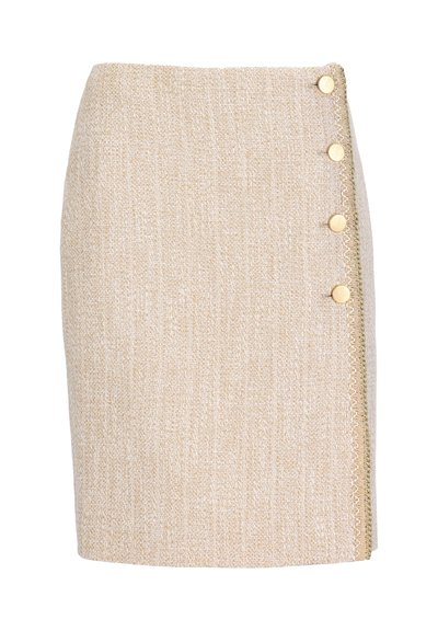 Beige woven pencil skirt with a side row of four gold decorative buttons and subtle stitching detail along the edge.