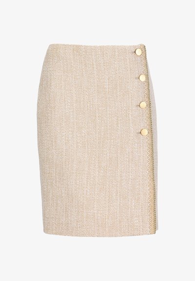Beige woven pencil skirt with a side row of four gold decorative buttons and subtle stitching detail along the edge.