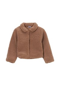 Chaqueta de piel sintética marrón con cuello redondo, mangas largas y un diseño corto. Textura suave y detalles cosidos en los bordes.