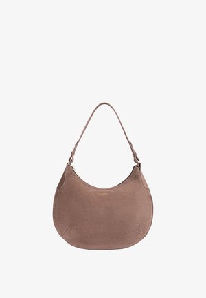 Hobo handbag in soft brown suede with a curved shape, single strap, and gold-tone hardware. Features a top zipper closure.