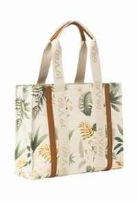 Blumenmuster-Tasche aus Canvas mit braunen Kunstlederakzenten und cremfarbenen Griffen, die ein gedrucktes Logodetail aufweist. Rechteckige Form.