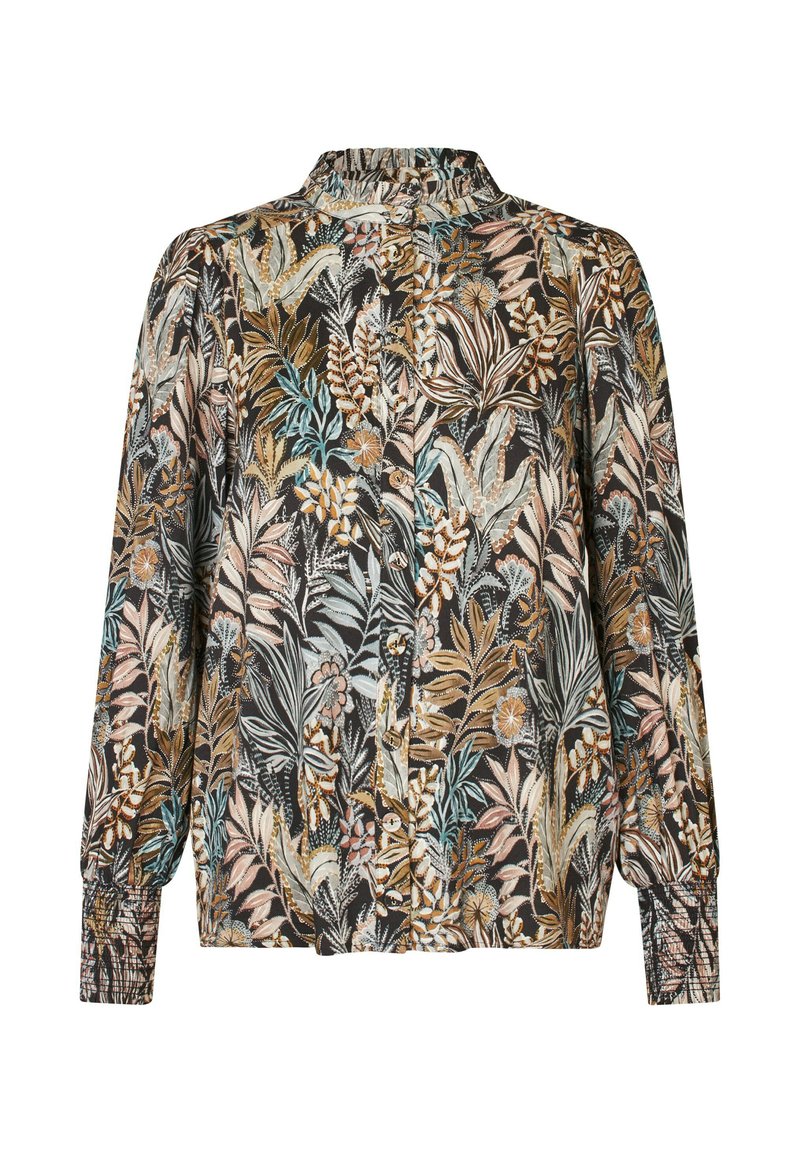 Langarmshirt mit schwarzem Hintergrund und bunten Blumen- und Blattmustern. Knopfverschluss, geraffte Blende an Kragen und Manschetten.