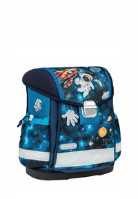 Blauer, raumfahrtthemen Backpack mit einem Astronauten, einer Rakete und Planeten. Hergestellt aus Stoff mit glatter Textur, reflektierenden Akzenten und verstellbaren Trägern.