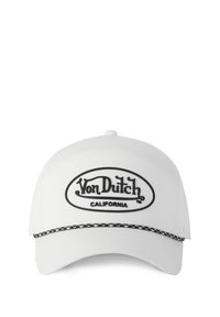 Gorra de béisbol blanca con parche negro de "Von Dutch California" y un borde trenzado en blanco y negro encima del visera.