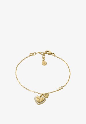 Goldfarbener Kettenarmband mit einem herzförmigen Charm, der mit klaren Edelsteinen geschmückt ist, sowie einem kleineren Herzakzent. Runde Verschlussklammer inklusive.