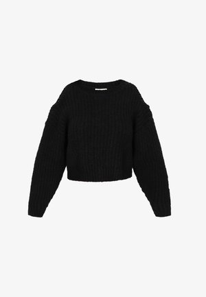 Melnā masīvā adīta īsā džemperis ar garām piedurknēm un izgriezumiem plecu zonā, attēlots uz baltas fona.