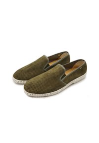 Olive green slip-on shoes made of perforated suede with a white rubber sole. Features a contrasting grey trim along the opening.