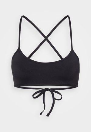Zwart bikini top met een aansluitend ontwerp, voorzien van gekruiste banden en een striksluiting aan de achterkant. Gemaakt van glad, rekbaar materiaal.