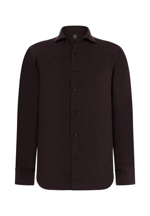 Camicia nera a maniche lunghe con bottoni, colletto classico, polsini con bottoni e orlo leggermente curvo, mostrata su uno sfondo bianco semplice.