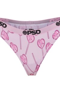 Sous-vêtements féminins roses avec un motif répétitif de sucettes en forme de cœur et une ceinture rose avec des logos "PSD" noirs.