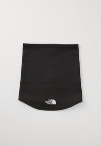 Black neck gaiter made of smooth, stretchy fabric. Features a rounded bottom edge and a small white logo on the lower front.