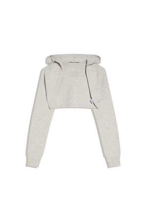 Sweat à capuche court gris clair avec manches longues et poignets côtelés, posé à plat sur un fond blanc.