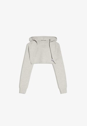 Svetlosivá skrátená mikina s dlhými rukávmi a rebrovanými manžetami, položená na bielom pozadí.