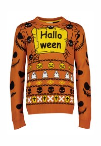 Oranges Halloween-Pullover mit Spinnen, Geistern, Totenköpfen und einem "Halloween"-Schild. Strickmuster mit schwarzen und gelben Akzenten.