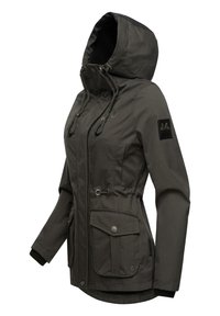 Dark gray jacket with a hood, drawstring, and ribbed cuffs. Features two front pockets, an embroidered logo on the sleeve, and smooth texture.