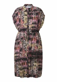 Košilové šaty s potiskem v odstínech černé, růžové, žluté a krémové. Krátké rukávy a elastický pas pro zvýraznění postavy.