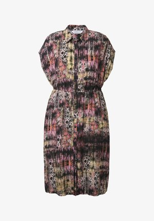 Jurk met knoopsluiting en een dessin in zwart, roze, geel en crème. Korte mouwen en een elastische taille voor een gevormde pasvorm.