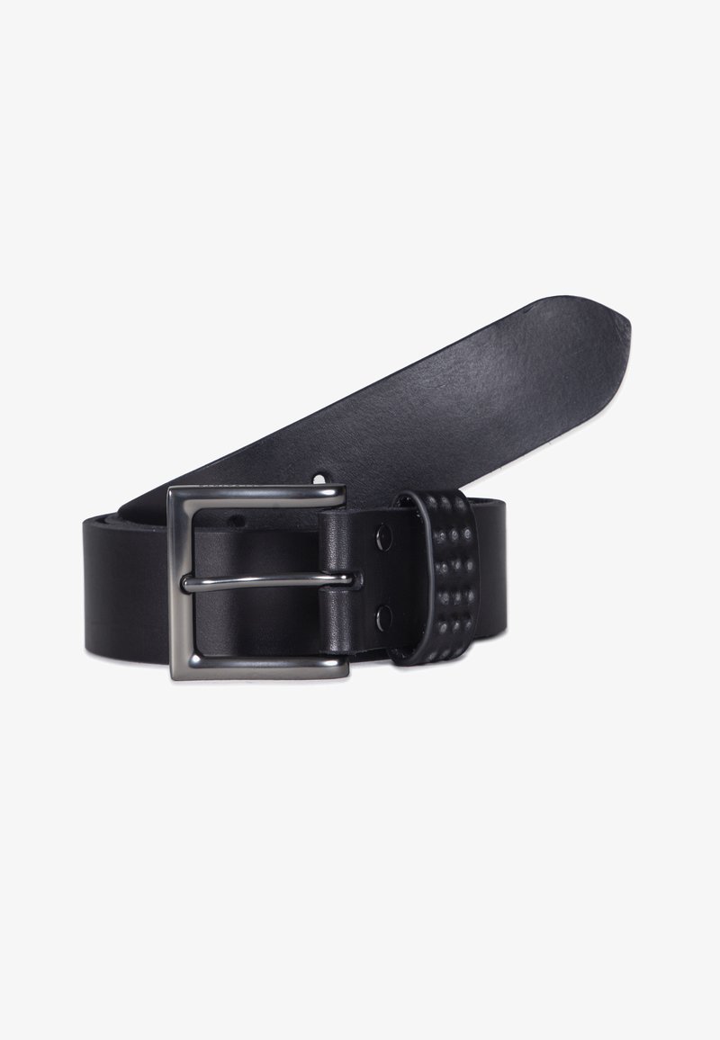 Black leather belt with a smooth texture, featuring a brushed silver rectangular buckle and a textured accent near the buckle.