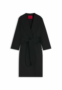 Black wrap coat made of soft fabric with a wide collar, long sleeves, and a belted waist. Features a subtle logo detail at the hem.