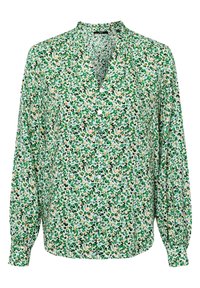 Blouse à manches longues boutonnée avec motif floral vert, noir et beige sur fond blanc et col froncé.