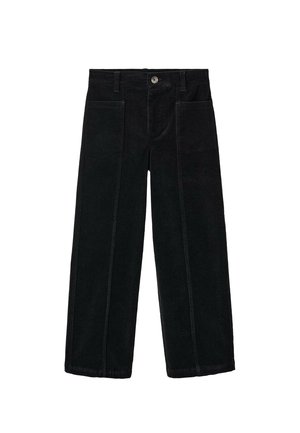 Pantalons large en velours côtelé noir avec deux poches avant et une fermeture à bouton. Dispose d'une texture à côtes verticales et d'un ourlet droit.