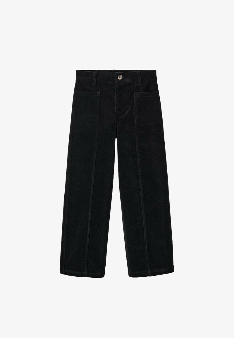 Črne široke hlače iz korduroja z dvema sprednjima žepoma in enim gumbom za zapiranje. Imajo vertikalno rebrasto teksturo in ravno obrobe.