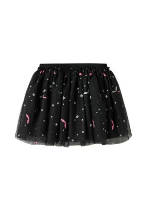 Jupe en tulle noire avec ceinture élastique, décorée d'étoiles argentées et de formes de chauves-souris roses éparpillées sur le tissu.
