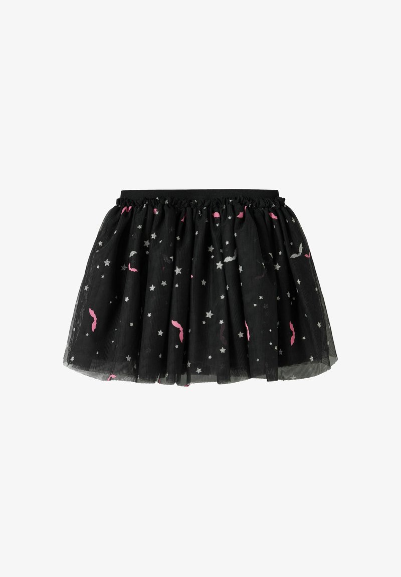 Jupe en tulle noire avec ceinture élastique, décorée d'étoiles argentées et de formes de chauves-souris roses éparpillées sur le tissu.