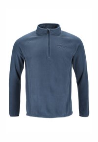 Pullover in pile di colore blu scuro con collo half-zip, maniche lunghe e una texture liscia. Presenta un logo discreto sul petto.