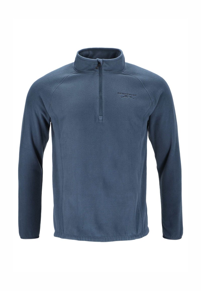 Fleecepullover i mørkeblå med halv-lynlås ved halsen, lange ærmer og en glat tekstur. Har subtil branding på brystet.