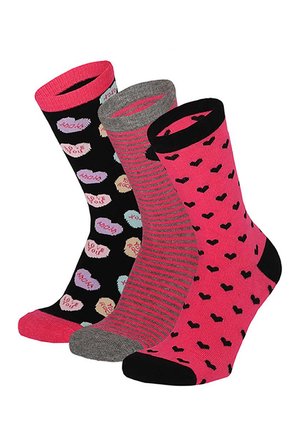 Three colorful crew socks with heart-themed patterns: one black with candy hearts, one pink and gray striped, and one pink with black hearts.