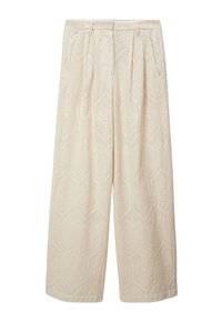 Pantalons larges beige avec un motif géométrique texturé, des plis à l'avant et une finition lisse.