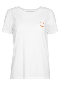 White cotton t-shirt with short sleeves, round neck, and a small orange smiley face print on the left chest area. Smooth texture.