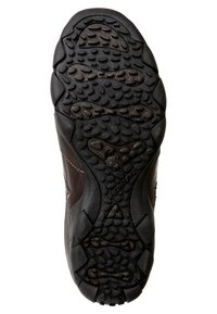 Semelle de chaussure en caoutchouc noir avec un design de bande de roulement structuré, présentant divers motifs pour l'adhérence. Côtés en cuir marron, façonnés pour le soutien et la durabilité.
