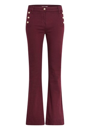 Pantalons évasés bordeaux en mélange de coton, avec des accents de boutons dorés sur les poches avant et une finition lisse et texturée.
